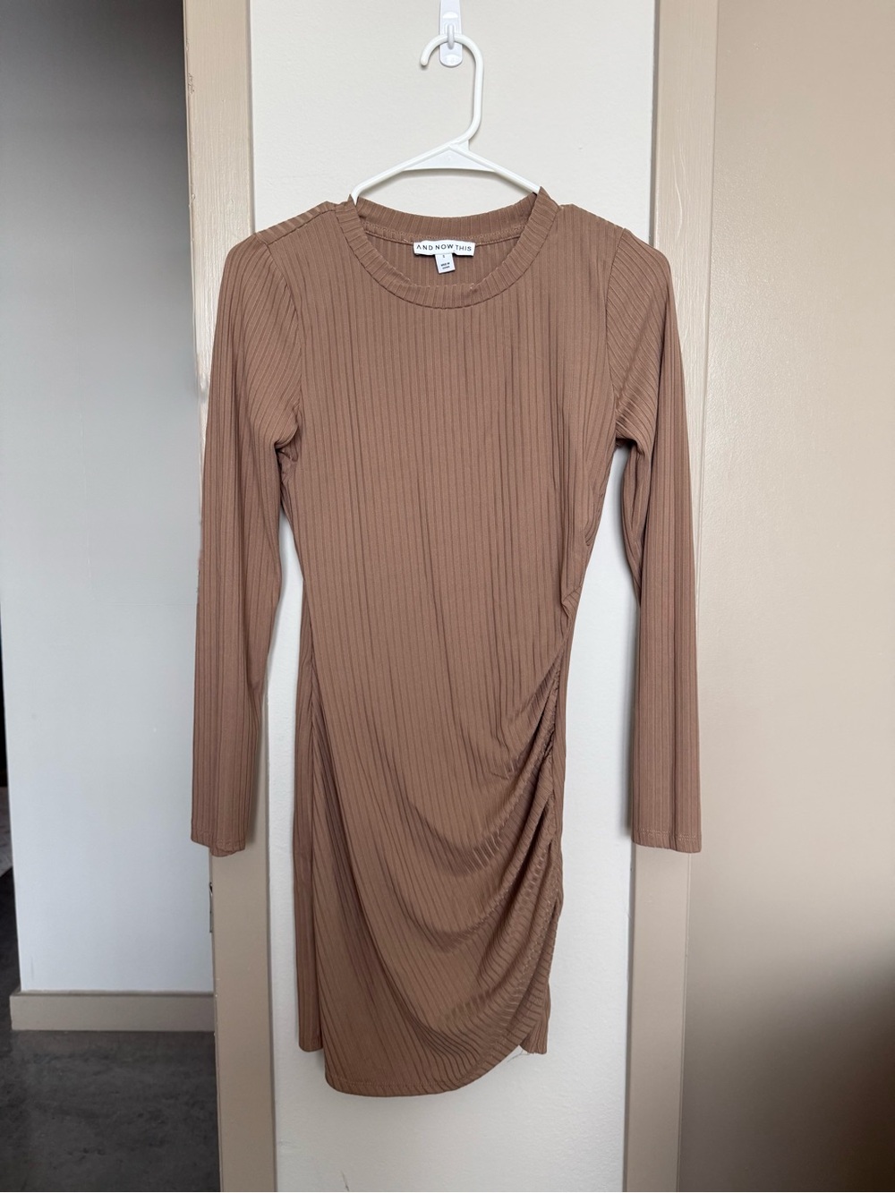 And Now This Ribbed Long-Sleeve Side-Ruched Dress in Taupe